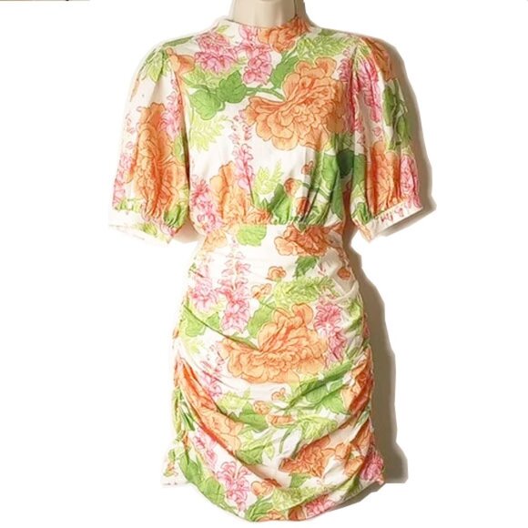 Song Of Style Edison Mini Dress M Orange White Floral Linen Blend Fully Lined - Picture 2 of 12